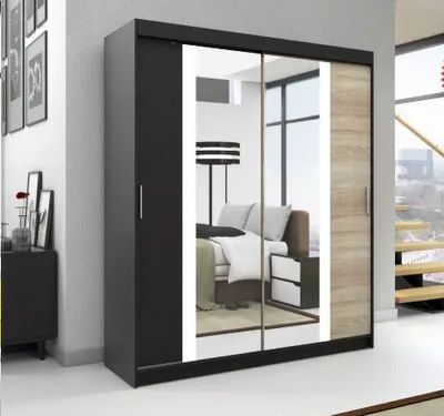 Produktbild von Schwebetürenschrank, 2-türig Schrank! Moderne Garderobe für Kleidung. Verschiedene Farben (Weiß, Schwarz, Somona) Kleiderschrank BRUNI 160 cm