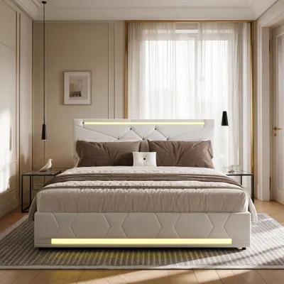 Obrázok produktu pre INONEFT, čalúnená posteľ 160x200 cm, posteľ s hydraulickým úložným priestorom, LED osvetlením a USB portami, posteľ pre mládež s nastaviteľnou opierkou, farba: béžová