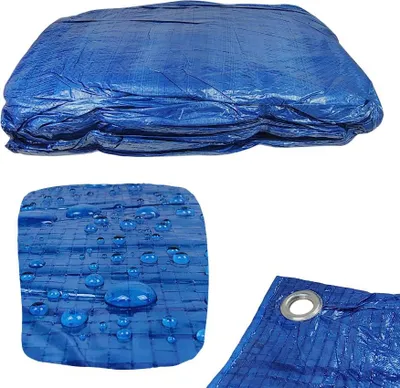 A collage of images showing a folded blue tarp, a close-up of water droplets on a blue tarp, and a close-up of a grommet on a blue tarp.