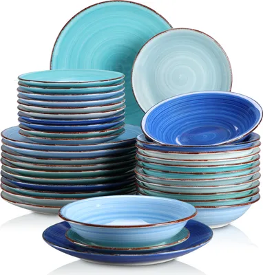 Image de Service de table en grès, vancasso BONITA Service de table combiné de 36 pièces pour 12 personnes, bleu