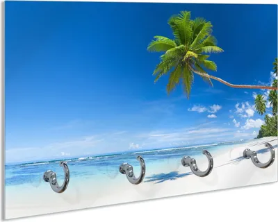 Produktbild von Wallario Schlüsselbrett aus Glas, Motiv: Weißer Sandstrand am Meer - Ein Traum unter Palmen, 30 x 20 cm mit 4 Haken