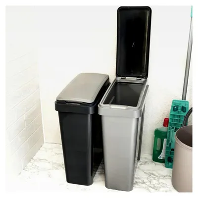 Produktbild von 25 Liter Graue Mülltonne Recyclingtonne 20x40x50cm mit abnehmbarem Klappdeckel - Schmaler Küchenabfalleimer
