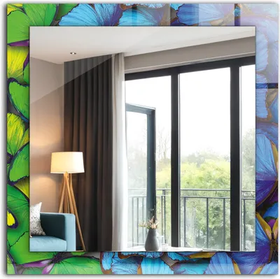 Produktbild von Dekospiegel - Wandspiegel mit Rahmen - Hängespiegel - 60x60 cm - Blaue Und Grüne Schmetterlinge