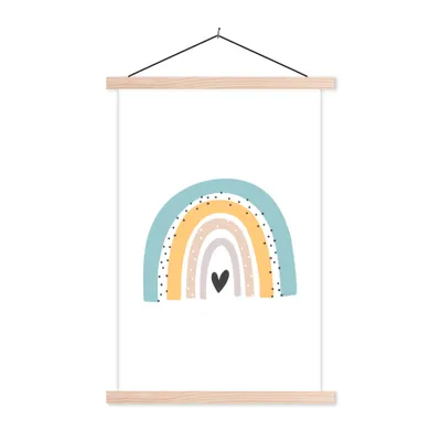 Produktbild von MuchoWow® Textilposter Regenbogen - Mädchen - Jungen - Herz - Pastell 120x180 cm mit holzfarbenen Rahmen - Textil-Plakat