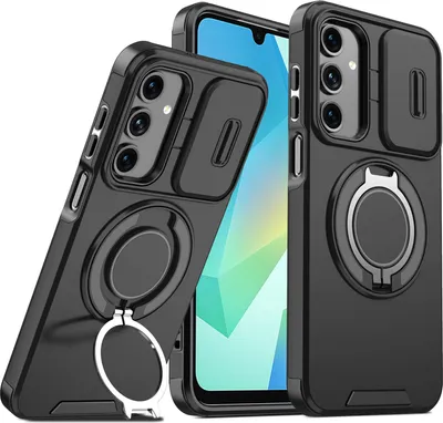 Immagine prodotto di Custodia a doppio strato per Samsung Galaxy A16 5G/4G, con copertura scorrevole della fotocamera e supporto magnetico ad anello Nero