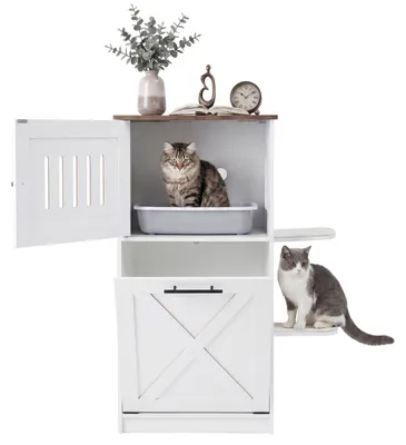 Produktbild von KOMFOTTEU 115cm Katzenklo schrank, Katzenschrank mit Versteckte Katzentoilette, Sisal-kratzpad & Sprungplattformen, Klappfach mit Tür, Katzenmöbel für Haustierhausn, Weiß, 84 x 45 x 115 cm, KI-generiertes Bild