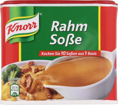 A product shot of a Knorr Rahm Soße (cream sauce) package, with a serving suggestion shown.