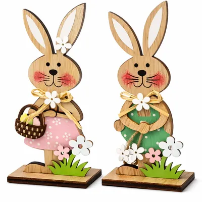 Produktbild von 2er Set Holz Osterhasen Aufsteller – lasergeschnittene Osterdeko & Frühlingsdeko im Naturlook – Tischdeko Ostern für Ostertisch, Fensterbank