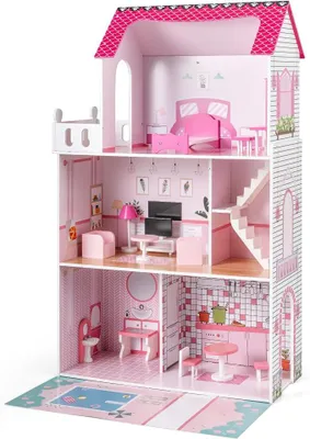 Imagen del producto de Silecomplaza, Casa de muñecas de madera, 120,5 cm de altura, villa de muñecas con 3 plantas y 17 muebles, casa de juegos para niñas y niños a partir de 2 años, 73 x 34 x 120,5 cm (Rosa)