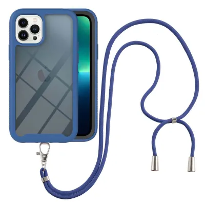 Immagine prodotto di Custodia per iPhone 13 Pro Max con cinturino, custodia protettiva integrale in TPU trasparente con cinturino da collo blu