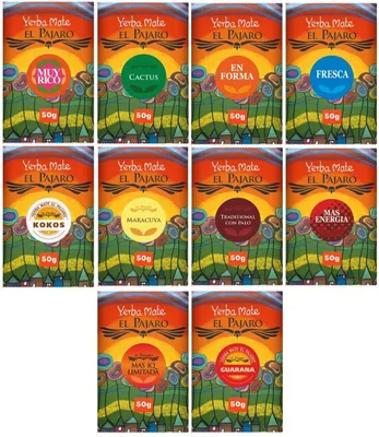 Produktbild von Set mit paraguayischer Yerba Mate tee EL PAJARO 10x50g - Verschiedene Sorten der paraguayischen Yerba Mate - starke yerba mate tee