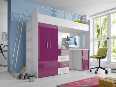 Produktbild von Lila Doppelstockbett Holz Etagen Bett Mädchen Hochglanz mit Schreibtisch Schrank