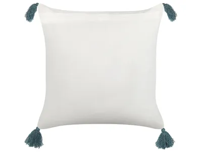 Produktbild von BELIANI Dekokissen Weiß und Blau Baumwolle 45 x 45 cm Bezug mit Füllung Reißverschluss Quasten Blumenmuster Boho Wohnzimmer Schlafzimmer Deko für Bett
