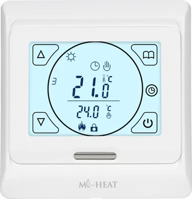 A white digital thermostat with a blue screen displaying temperature and icons.