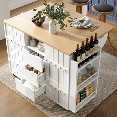 Image de Chariot de cuisine avec plan de travail rabattable, tiroirs, portes coulissantes, roulettes, blanc, 110x42x90 cm