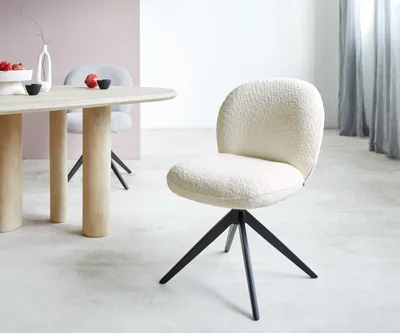 Produktbild von DELIFE Drehstuhl Nube-Flex Bouclé Weiß Kreuzgestell breit Schwarz 360° drehbar Taschenfederkern