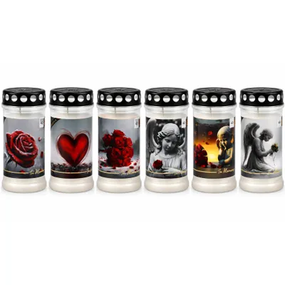 Image de HORECA CANDLES Bougies funéraires, durée de combustion de 4 jours, lot de 6 - Bougies funéraires avec couvercle, cire blanche, motif, bougies de cimetière pour la décoration des tombes