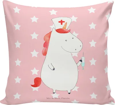 Produktbild von Mr. & Mrs. Panda Dekokissen Einhorn Krankenschwester - Rot Pastell - Geschenk, couch kissen, Zierkissen, Krankenpflegerin, Kuschelkissen, Krankenpfleger, Unicorn, 40x40