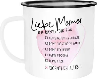 Produktbild von Emaille Tasse Becher Muttertag Mama ich danke dir für alles Geschenk-Tasse Muttertags-Geschenk Weihnachten Moonworks® weiß-schwarz unisize