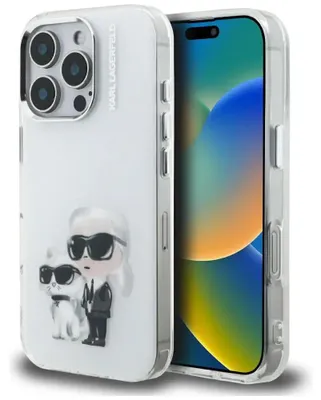 Immagine prodotto di Custodia per iPhone 16 Pro con motivi acquerello Karl Lagerfeld, logo e Karl Choupette - bianco