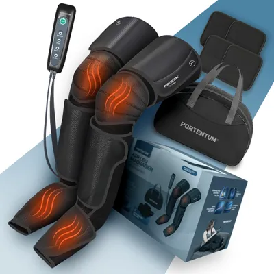Image de Appareil de drainage lymphatique PORTENTUM – Appareil de massage pour les jambes avec chaleur réglable – 5 niveaux de compression – Télécommande – Soulage la fatigue des jambes et favorise la circulation sanguine – Sac de transport inclus Chaleur réglable