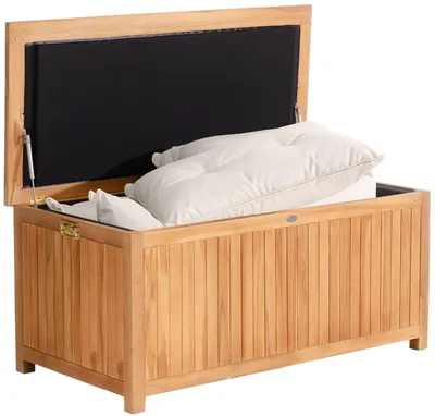 Produktbild von CLP Auflagenbox aus Teakholz mit Gasdruckfeder-Deckel Odessa bis 250 kg belastbar,teak 140 cm