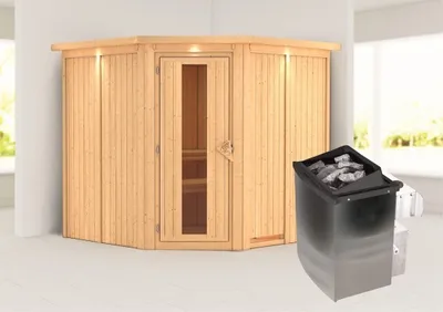 Produktbild von Karibu Sauna Innensauna Jarin Eckeinstieg Ofen 9 kW integr. Strg 210x210x202 cm mit Dachkranz mit Energiespartür