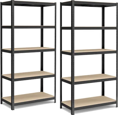 Two black metal shelving units with tan shelves are shown against a white background.