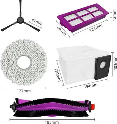 Produktbild von Midea V15 Ersatzteilset: 1x Seitenbürste, 2x Wischpad, 1x Bürstenrolle, 1x Filter, 1x Staubbeutel