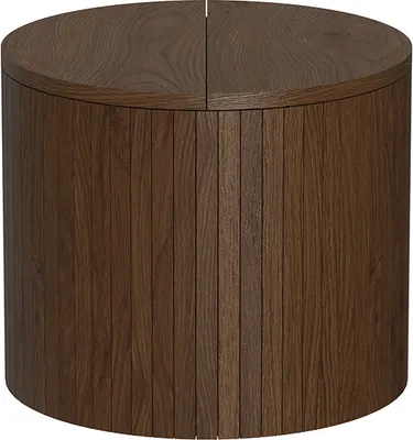 A cylindrical wooden coffee table with a slatted design.