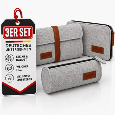 Produktbild von Filz Federmäppchen 3er Set | 1x Federmappe + 1x Schlampermäppchen + 1x Tasche mit Kunstlederband | Grau - Schule, Arbeit