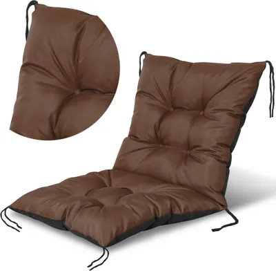 A brown chair cushion is shown from a diagonal angle, with a close-up inset of a section of the cushion.