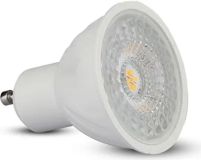 A white LED light bulb with a GU5.3 base is shown against a white background.