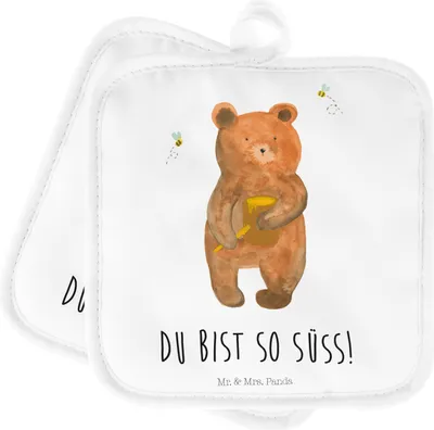 Produktbild von Mr. & Mrs. Panda Topflappen Bär Honig - Weiß - Geschenk, Liebe, topfhalter, Kochlappen, Set, Freund, Teddy, Topfuntersetzer, Partner, Ofenlappen