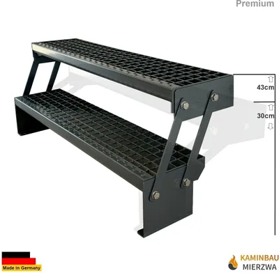 Obrázok produktu pre Mriežkované oceľové schodisko s 2 nastaviteľnými stupňami Pozinkované a antracitovo práškovo lakované Šírka 120 cm x výška Nastaviteľná 30-43 cm