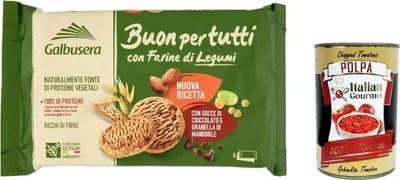 Produktbild von 3x Galbusera Buonpertutti, Kekse mit Hülsenfruchtmehl, Stücken dunkler Schokolade und gehacktem Mundorle 260g + Italian Gourmet polpa 400g