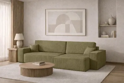 Image de Canapé d'angle avec fonction sommeil et coffre de rangement BEST XL, tissu Poso velours côtelé épais, Olive, droite