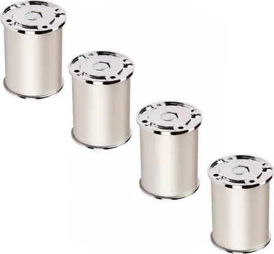 Four silver furniture feet are arranged diagonally on a white background.
