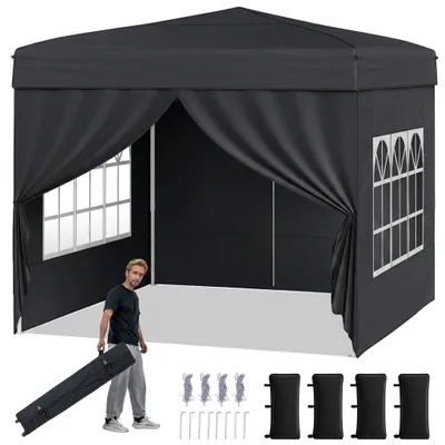 Produktbild von KOMFOTTEU 3x3m Pop Up Pavillon, klappbarer Gartenpavillon mit abnehmbaren Seitenwänden, Metallrahmen, transparenten Fenstern, 4 Sandsäcken, Rolltasche, Faltpavillon für Grill, Picknick, Camping (Schwarz)