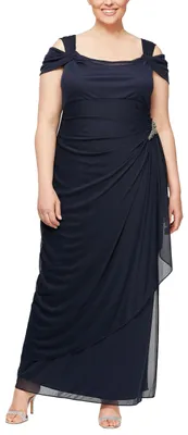 Immagine prodotto di Abito elegante da cerimonia per la madre della sposa, modello Alex Damen, con spalline asimmetriche e gonna drappeggiata