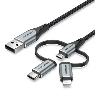 Productafbeelding van Vention USB 2.0 A Male to 3-in-1 Micro-B&USB-C&Lightning Male Cable 1M Gray Aluminum Alloy Type