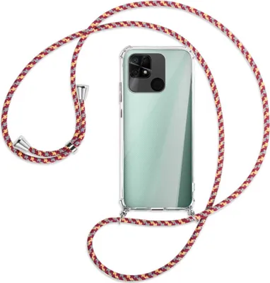Produktbild von Handykette Backcover-Schutzhülle mit Band (Metall silberfarben) für Xiaomi Redmi 10C - weinrot/gelb/grau