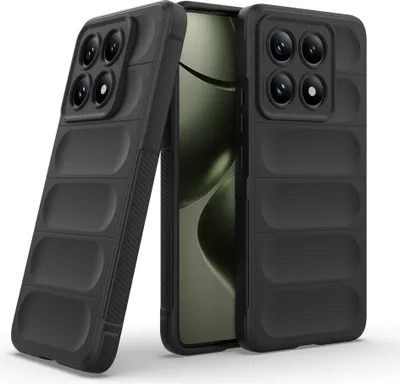 Two black phone cases are shown in a studio setting against a white background. One case is in the foreground, angled towards the viewer, while the other is behind it, also angled.