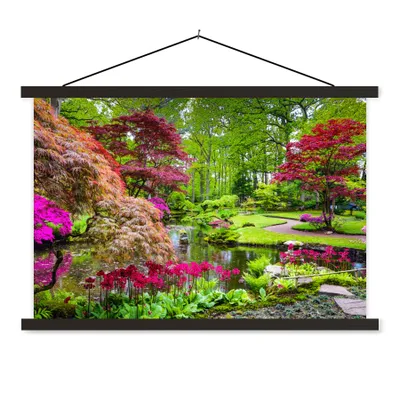 Produktbild von MuchoWow® Textilposter Bäume - Blumen - Japanisch - Natur - Wasser 150x100 cm mit schwarzem Rahmen - Schlafzimmer