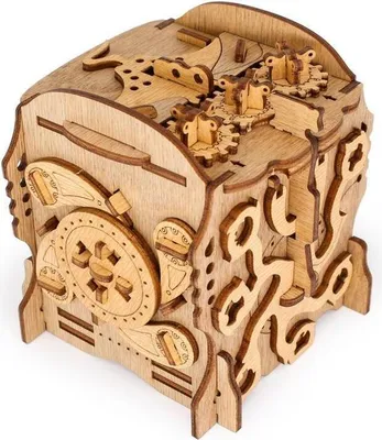 A wooden puzzle box with intricate gears and mechanisms.