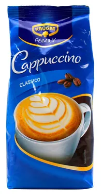 A bag of Krüger Family Cappuccino Classico coffee mix.