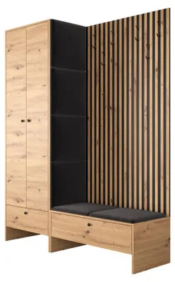 Produktbild von MIRJAN24 Garderoben-Set Balma III, Kleiderschrank, Unterschrank mit Lamellen, 6x Gepolstertes Paneel 42x42 (Farbe: Artisan Eiche / Artisan eiche + Schwarz, Polo 897)