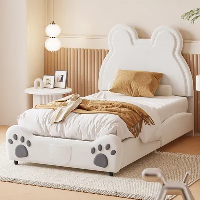 Produktbild von MODFU Kinderbett 90x200cm in Bärenform,Bettgestell Polsterbett mit kleiner Tasche,für Jungen und Mädchen