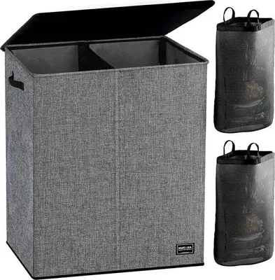 Image de Panier à linge Famanu avec couvercle et sacs à linge amovibles - 2 compartiments pour le linge clair et le linge foncé - Gris - 145 litres