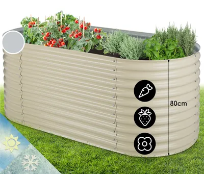 Produktbild von Blumfeldt Hochbeet aus Metall, Wetterfestes Stahlblech-Hochbeet für Balkon & Garten, Rostfreies Hochbeet Oval, Freistehende Hochbeete 200x80x100 cm, 1257L Pflanzkübel Groß für Blumen, Obst, Gemüse